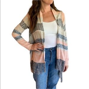 Fringed Tribal  grey peach blue and white Open Cardigan